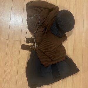 Brown Cowl Neck Buckle Waist Sweater